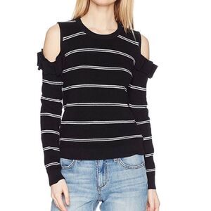 Jack by BB Dakota Black/White Striped Cozy Ruffle Cold Shoulder Sweater